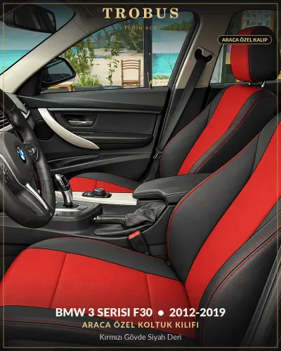 BMW 3 Serisi F30 2012-2019 Araca Özel Koltuk Kılıfı Kırmızı Gövde Siyah Deri