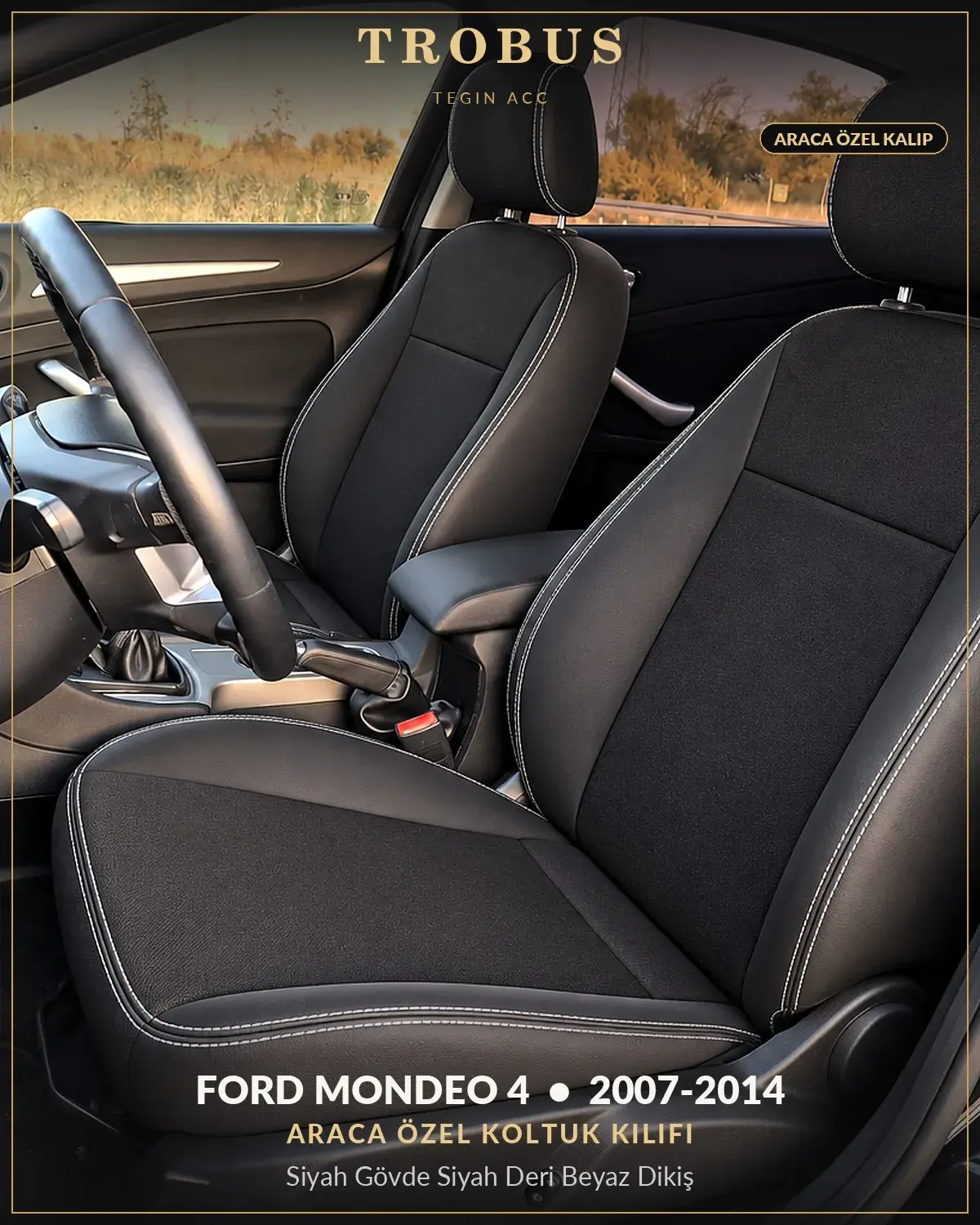 Ford Mondeo 4 2007-2014 Araca Özel Koltuk Kılıfı Siyah Gövde Siyah Deri Beyaz Dikiş (1)