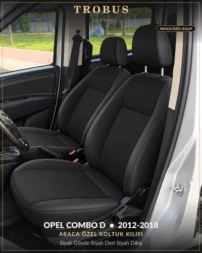 Opel Combo D 2012-2018 Araca Özel Koltuk Kılıfı Siyah Gövde Siyah Deri Siyah Dikiş