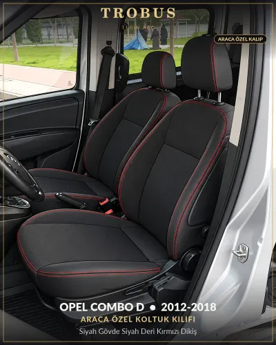 Opel Combo D 2012-2018 Araca Özel Koltuk Kılıfı Siyah Gövde Siyah Deri Kırmızı Dikiş