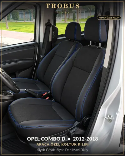 Opel Combo D 2012-2018 Araca Özel Koltuk Kılıfı Siyah Gövde Siyah Deri Mavi Dikiş