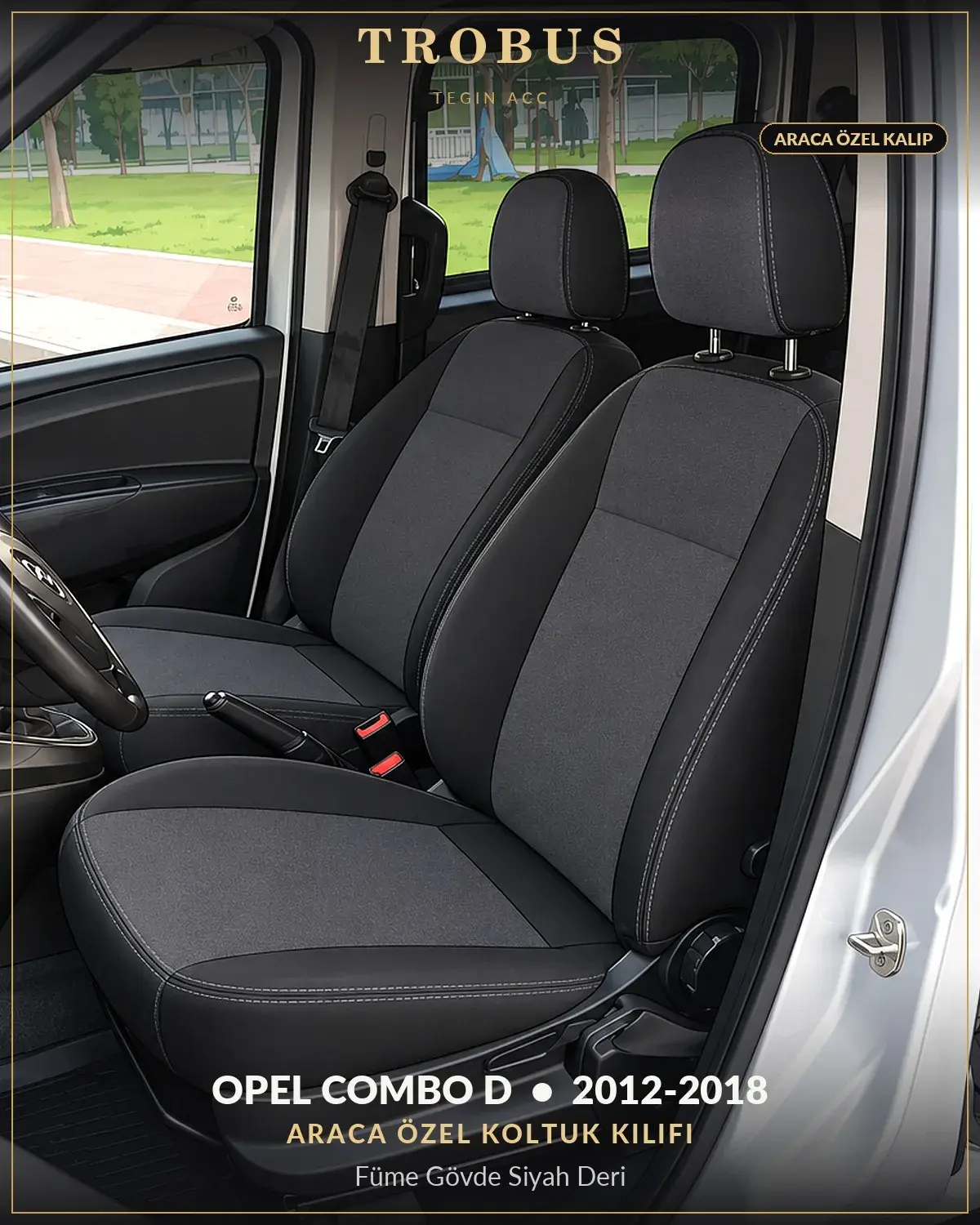 Opel Combo D 2012-2018 Araca Özel Koltuk Kılıfı Füme Gövde Siyah Deri (1)