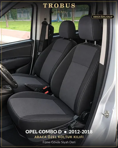 Opel Combo D 2012-2018 Araca Özel Koltuk Kılıfı Füme Gövde Siyah Deri