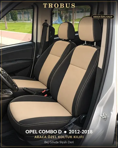 Opel Combo D 2012-2018 Araca Özel Koltuk Kılıfı Bej Gövde Siyah Deri