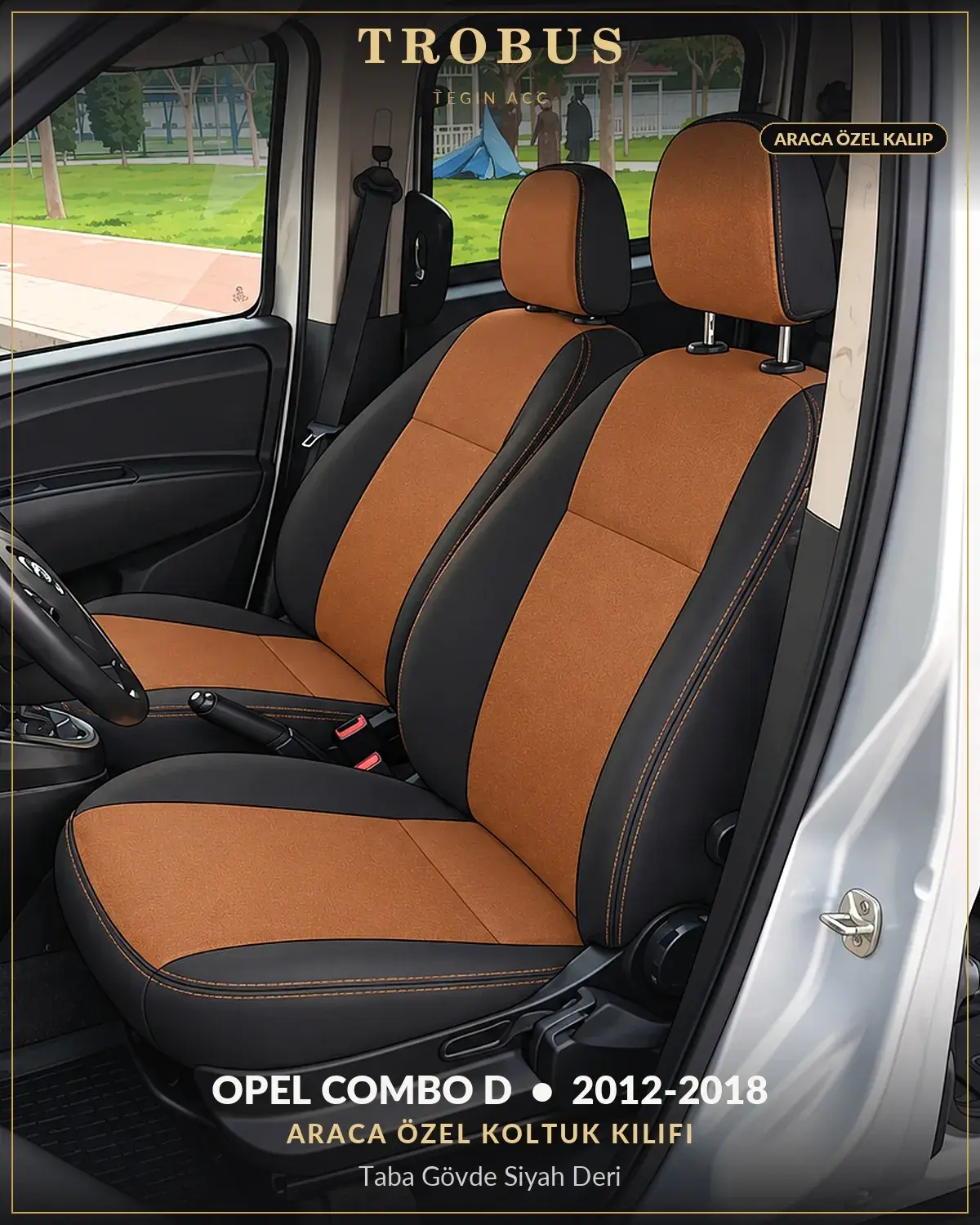 Opel Combo D 2012-2018 Araca Özel Koltuk Kılıfı Taba Gövde Siyah Deri (1)