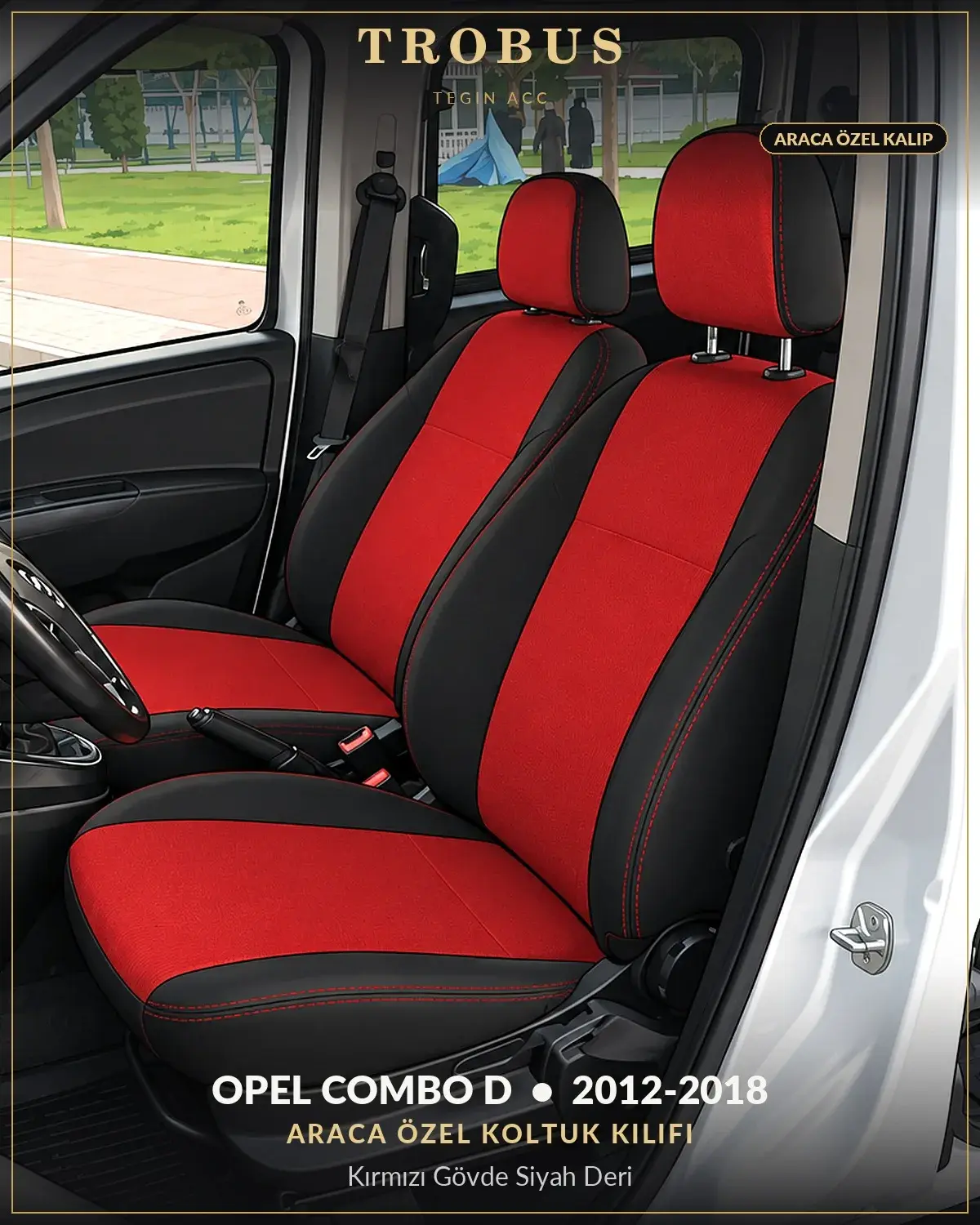 Opel Combo D 2012-2018 Araca Özel Koltuk Kılıfı Kırmızı Gövde Siyah Deri (1)
