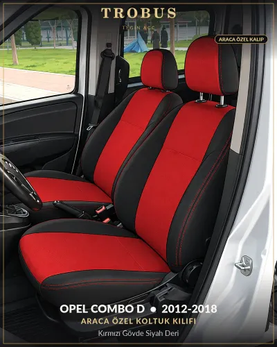 Opel Combo D 2012-2018 Araca Özel Koltuk Kılıfı Kırmızı Gövde Siyah Deri