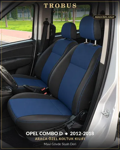 Opel Combo D 2012-2018 Araca Özel Koltuk Kılıfı Mavi Gövde Siyah Deri
