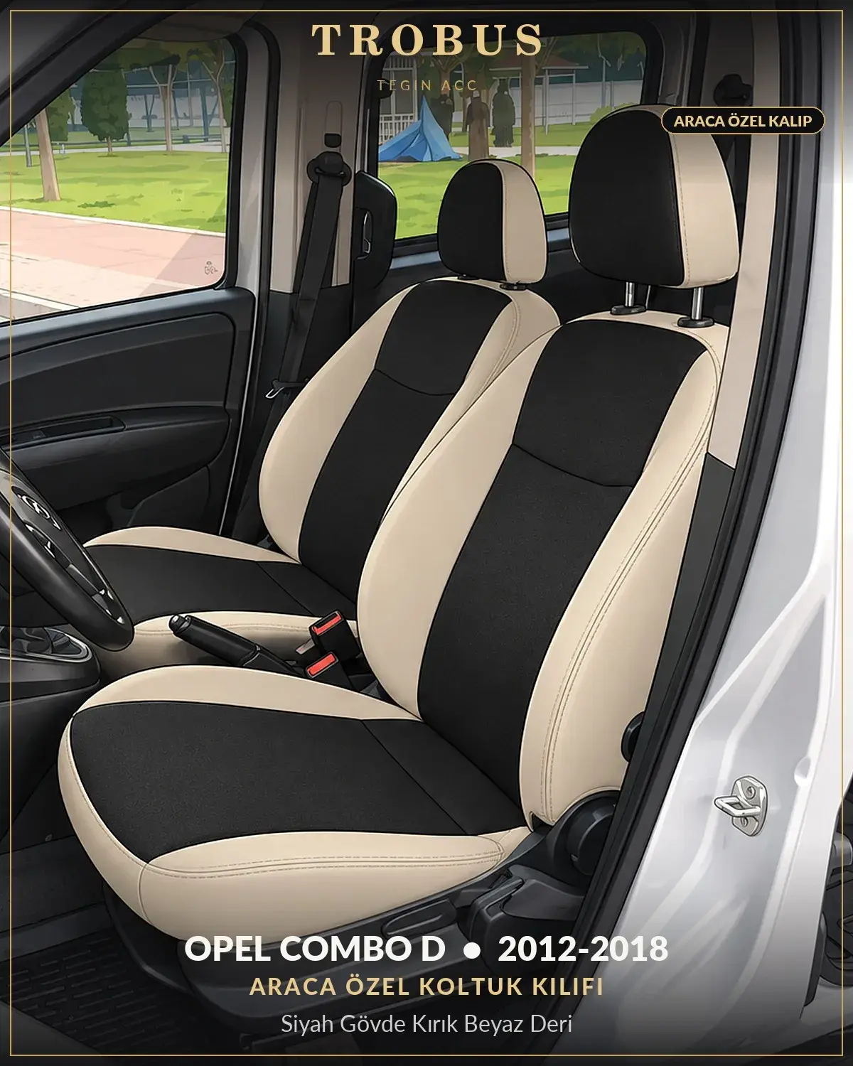 Opel Combo D 2012-2018 Araca Özel Koltuk Kılıfı Siyah Gövde Kırık Beyaz Deri (1)