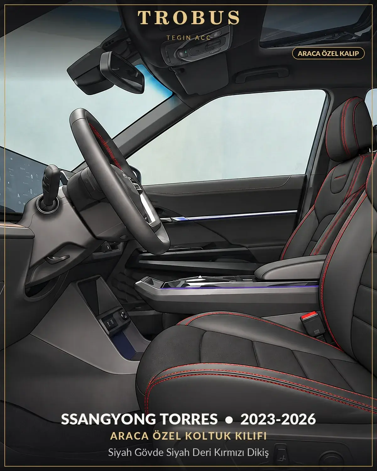 SsangYong Torres 2023-2026 Araca Özel Koltuk Kılıfı Siyah Gövde Siyah Deri Kırmızı Dikiş (1)