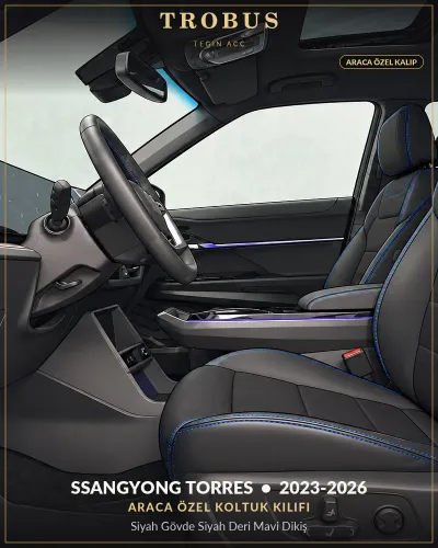 SsangYong Torres 2023-2026 Araca Özel Koltuk Kılıfı Siyah Gövde Siyah Deri Mavi Dikiş