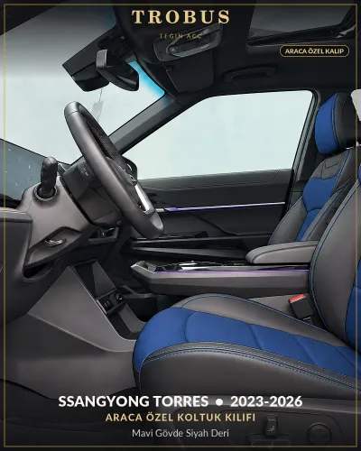 SsangYong Torres 2023-2026 Araca Özel Koltuk Kılıfı Mavi Gövde Siyah Deri