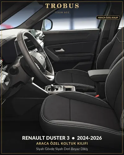 Renault Duster 3 2024-2026 Araca Özel Koltuk Kılıfı Siyah Gövde Siyah Deri Beyaz Dikiş