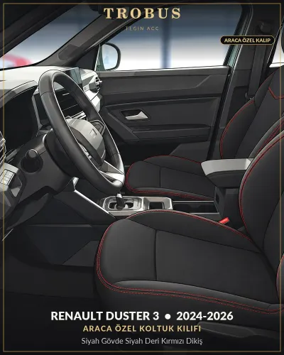 Renault Duster 3 2024-2026 Araca Özel Koltuk Kılıfı Siyah Gövde Siyah Deri Kırmızı Dikiş