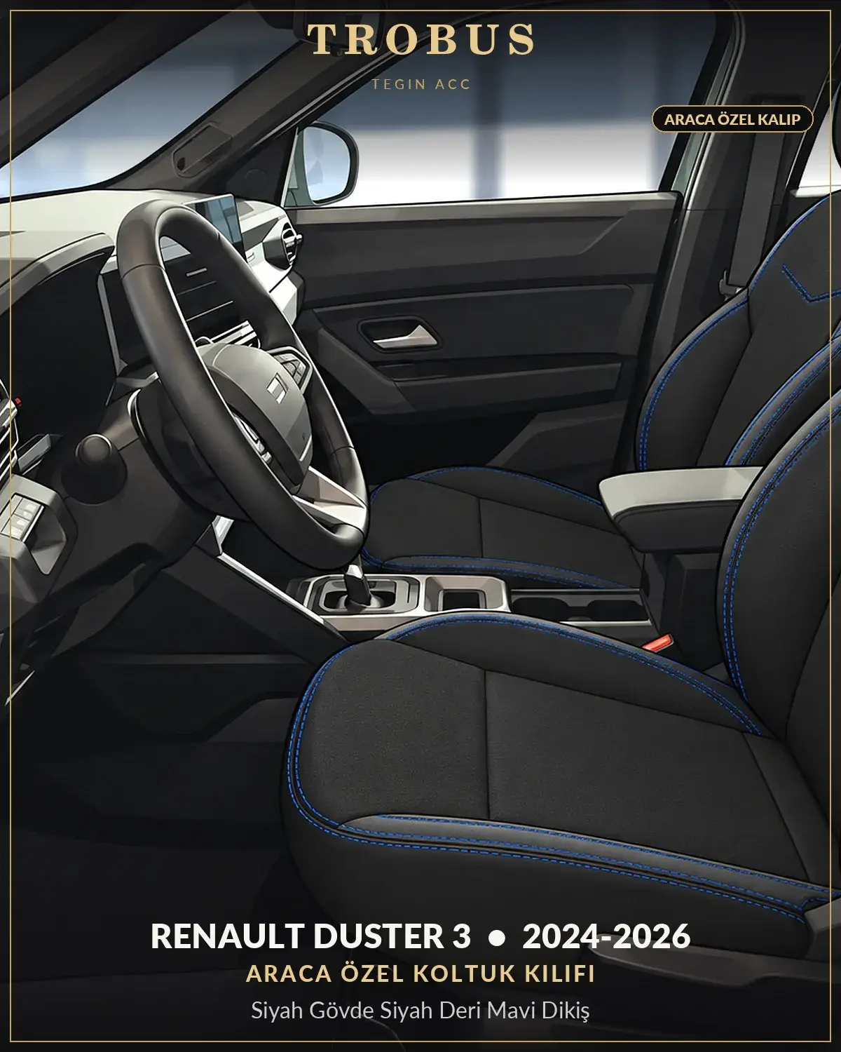 Renault Duster 3 2024-2026 Araca Özel Koltuk Kılıfı Siyah Gövde Siyah Deri Mavi Dikiş (1)
