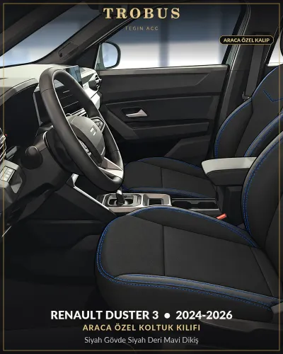 Renault Duster 3 2024-2026 Araca Özel Koltuk Kılıfı Siyah Gövde Siyah Deri Mavi Dikiş