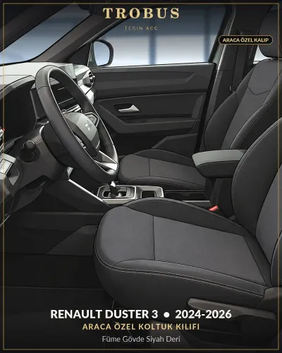 Renault Duster 3 2024-2026 Araca Özel Koltuk Kılıfı Füme Gövde Siyah Deri