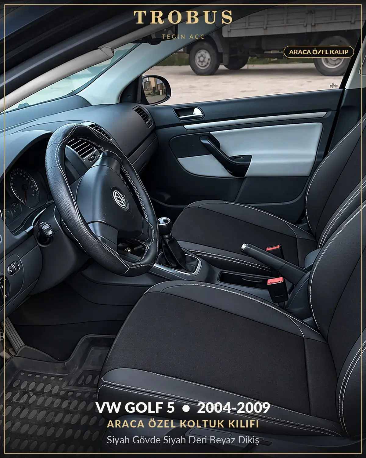 Volkswagen Golf 5 2004-2009 Araca Özel Koltuk Kılıfı Siyah Gövde Siyah Deri Beyaz Dikiş (1)