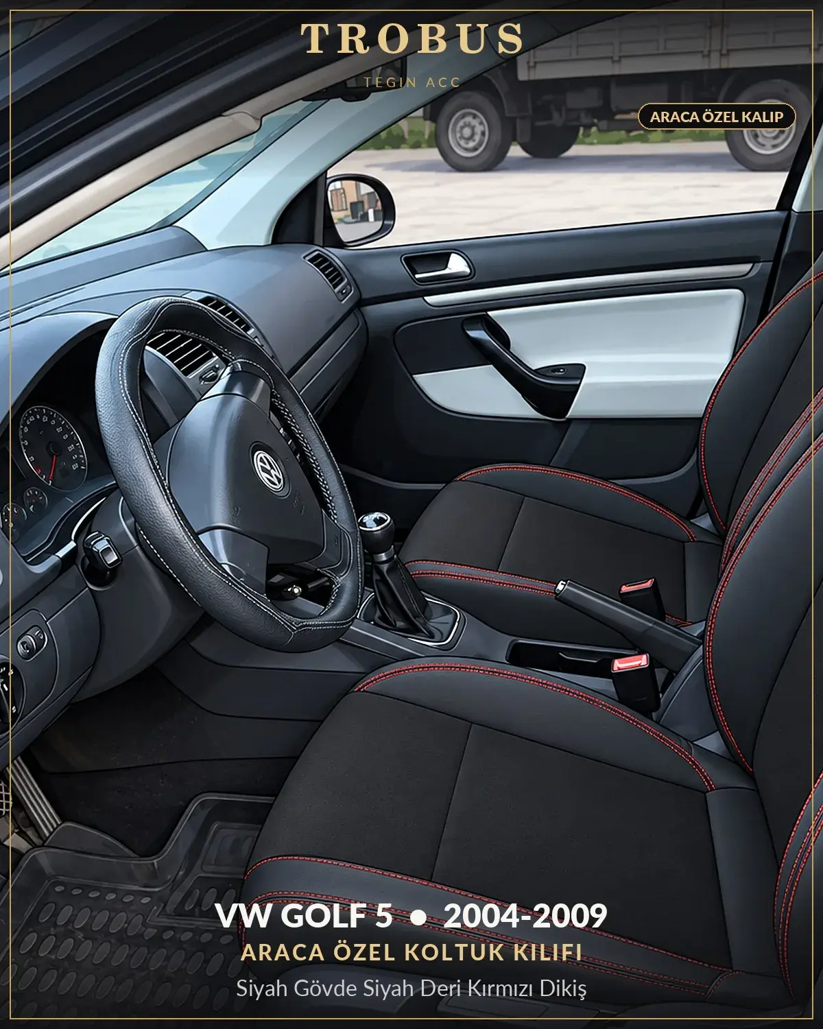 Volkswagen Golf 5 2004-2009 Araca Özel Koltuk Kılıfı Siyah Gövde Siyah Deri Kırmızı Dikiş (1)