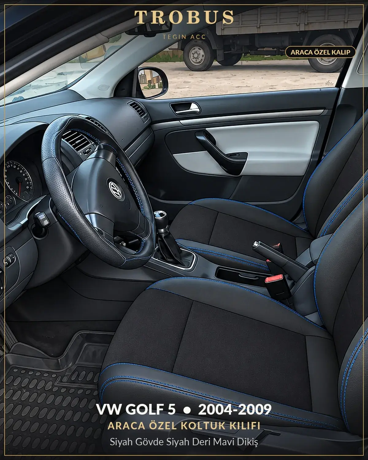 Volkswagen Golf 5 2004-2009 Araca Özel Koltuk Kılıfı Siyah Gövde Siyah Deri Mavi Dikiş (1)