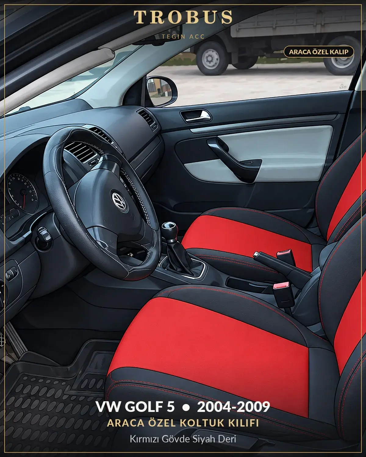 Volkswagen Golf 5 2004-2009 Araca Özel Koltuk Kılıfı Kırmızı Gövde Siyah Deri (1)