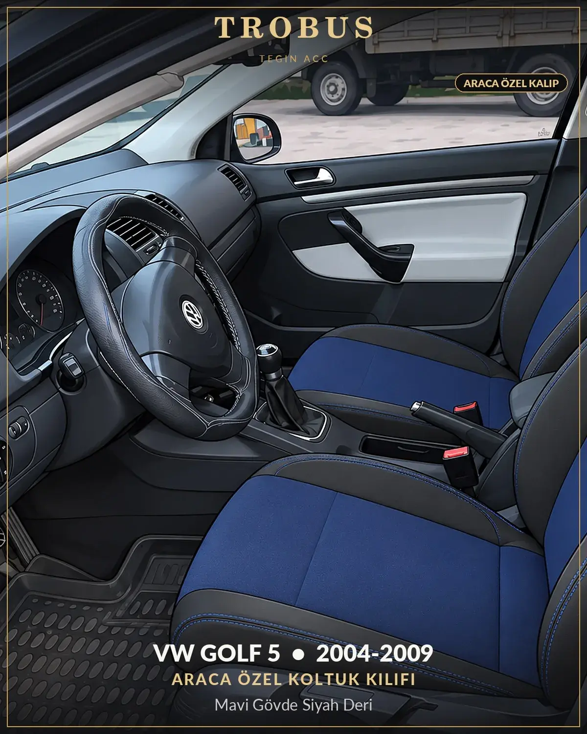 Volkswagen Golf 5 2004-2009 Araca Özel Koltuk Kılıfı Mavi Gövde Siyah Deri (1)