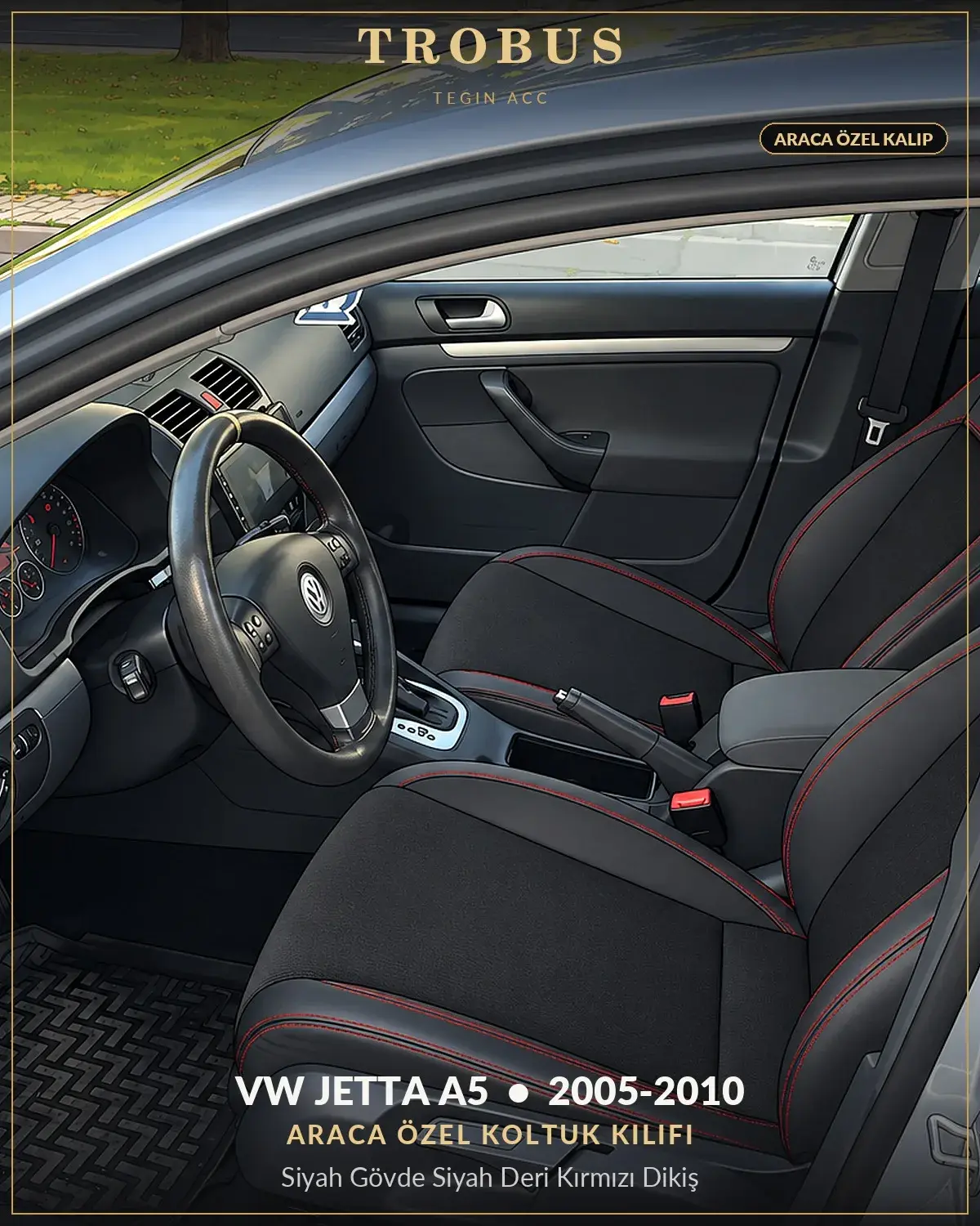 Volkswagen Jetta A5 2005-2010 Araca Özel Koltuk Kılıfı Siyah Gövde Siyah Deri Kırmızı Dikiş (1)