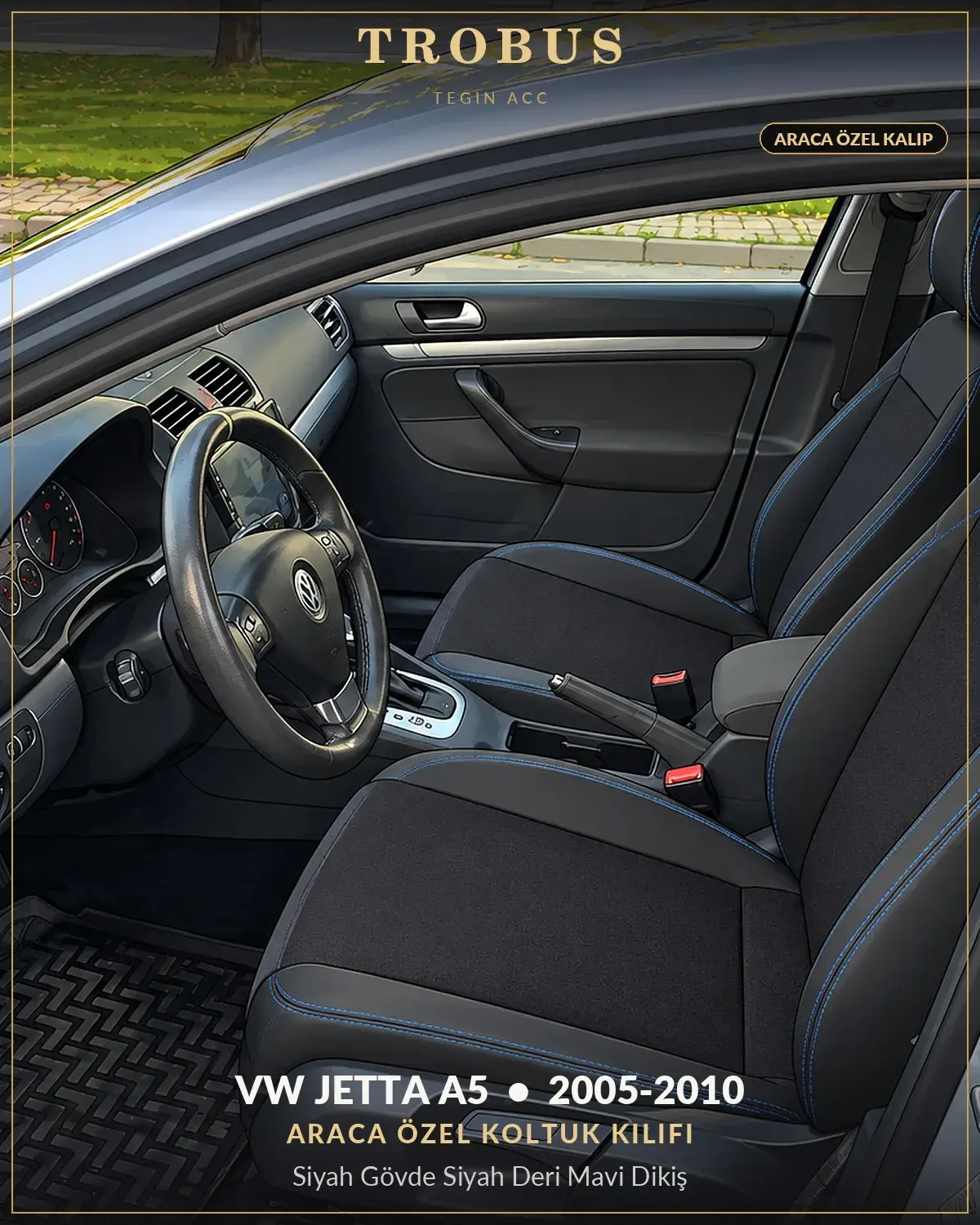 Volkswagen Jetta A5 2005-2010 Araca Özel Koltuk Kılıfı Siyah Gövde Siyah Deri Mavi Dikiş (1)