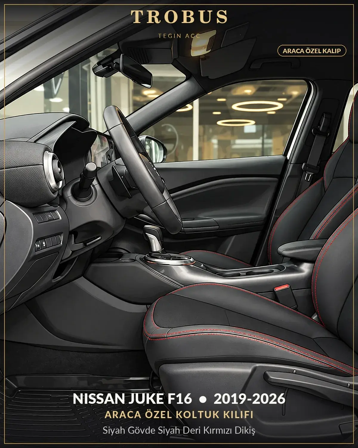 Nissan Juke F16 2019-2026 Araca Özel Koltuk Kılıfı Siyah Gövde Siyah Deri Kırmızı Dikiş (1)