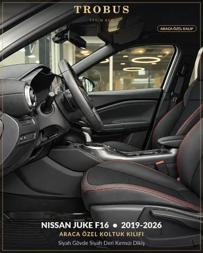 Nissan Juke F16 2019-2026 Araca Özel Koltuk Kılıfı Siyah Gövde Siyah Deri Kırmızı Dikiş