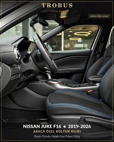 Nissan Juke F16 2019-2026 Araca Özel Koltuk Kılıfı Siyah Gövde Siyah Deri Mavi Dikiş