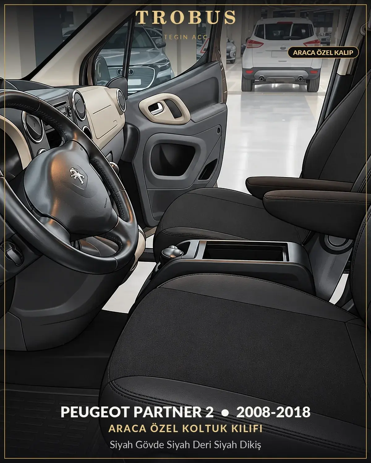 Peugeot Partner 2 2008-2018 Araca Özel Koltuk Kılıfı Siyah Gövde Siyah Deri Siyah Dikiş (1)