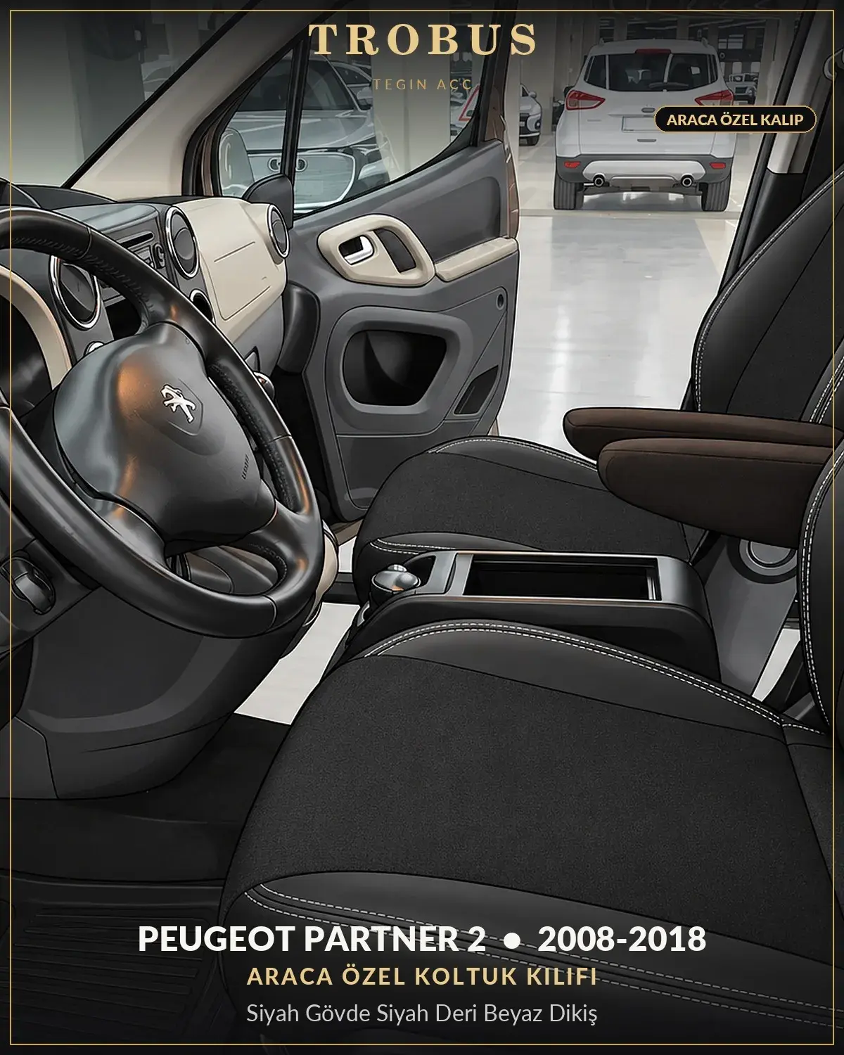 Peugeot Partner 2 2008-2018 Araca Özel Koltuk Kılıfı Siyah Gövde Siyah Deri Beyaz Dikiş (1)