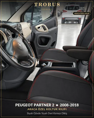 Peugeot Partner 2 2008-2018 Araca Özel Koltuk Kılıfı Siyah Gövde Siyah Deri Kırmızı Dikiş