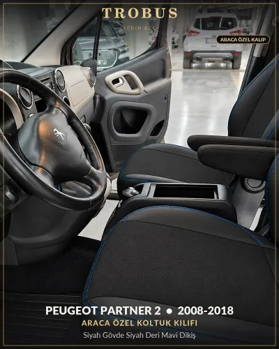 Peugeot Partner 2 2008-2018 Araca Özel Koltuk Kılıfı Siyah Gövde Siyah Deri Mavi Dikiş