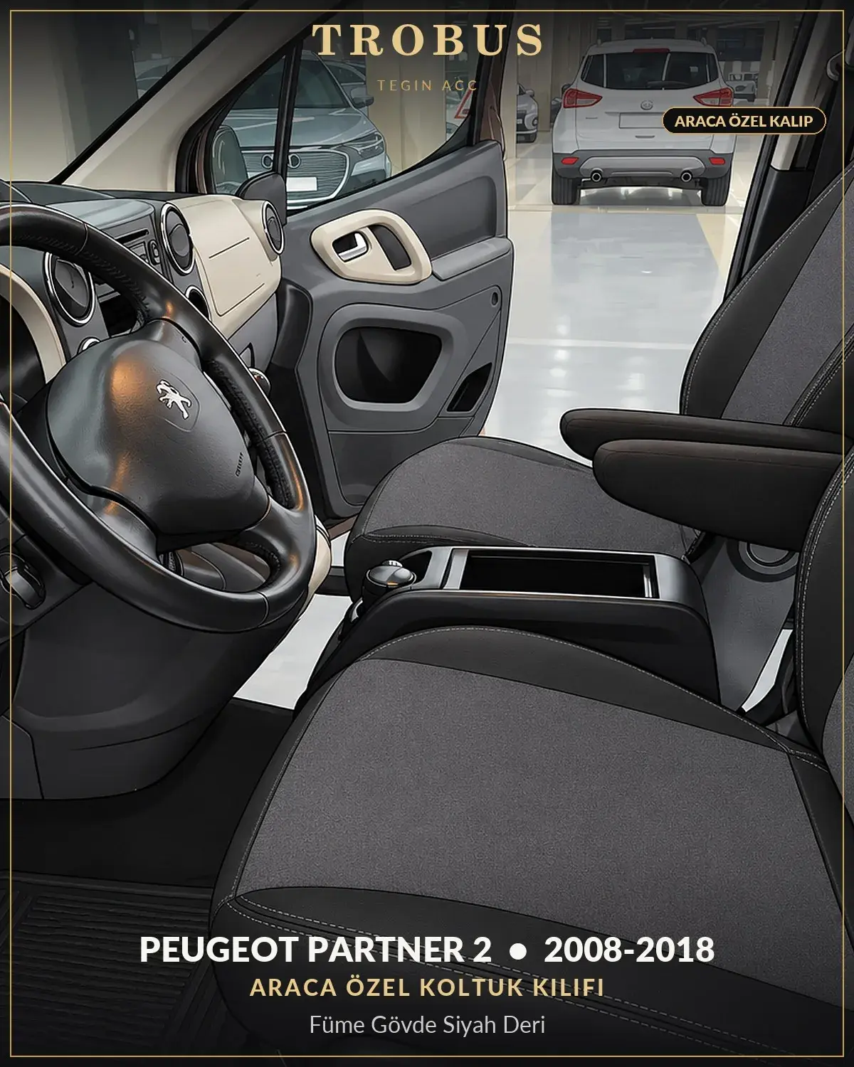 Peugeot Partner 2 2008-2018 Araca Özel Koltuk Kılıfı Füme Gövde Siyah Deri (1)
