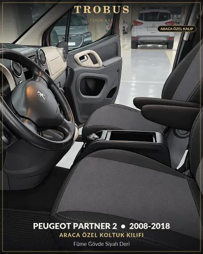 Peugeot Partner 2 2008-2018 Araca Özel Koltuk Kılıfı Füme Gövde Siyah Deri