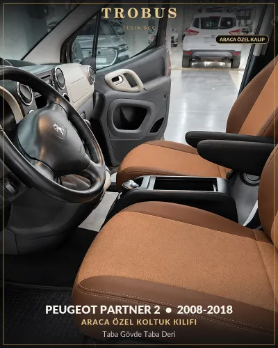 Peugeot Partner 2 2008-2018 Araca Özel Koltuk Kılıfı Taba Gövde Taba Deri