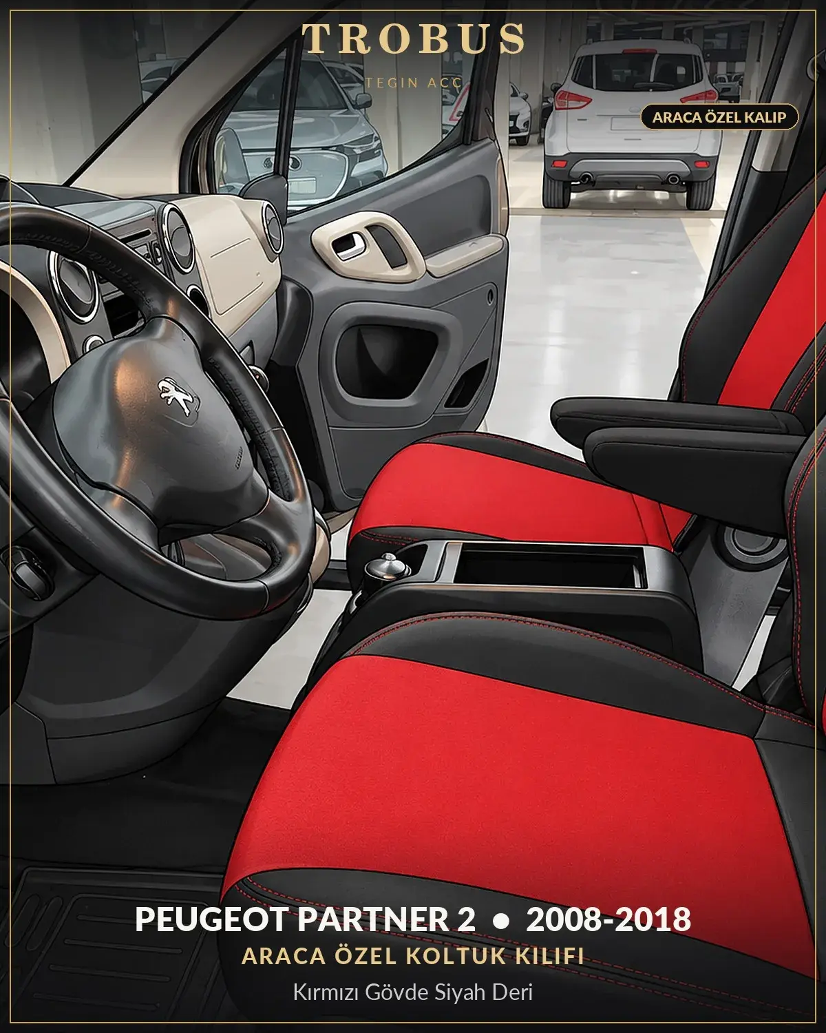 Peugeot Partner 2 2008-2018 Araca Özel Koltuk Kılıfı Kırmızı Gövde Siyah Deri (1)