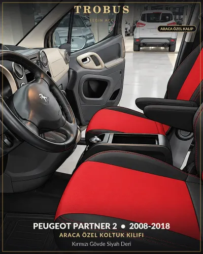 Peugeot Partner 2 2008-2018 Araca Özel Koltuk Kılıfı Kırmızı Gövde Siyah Deri
