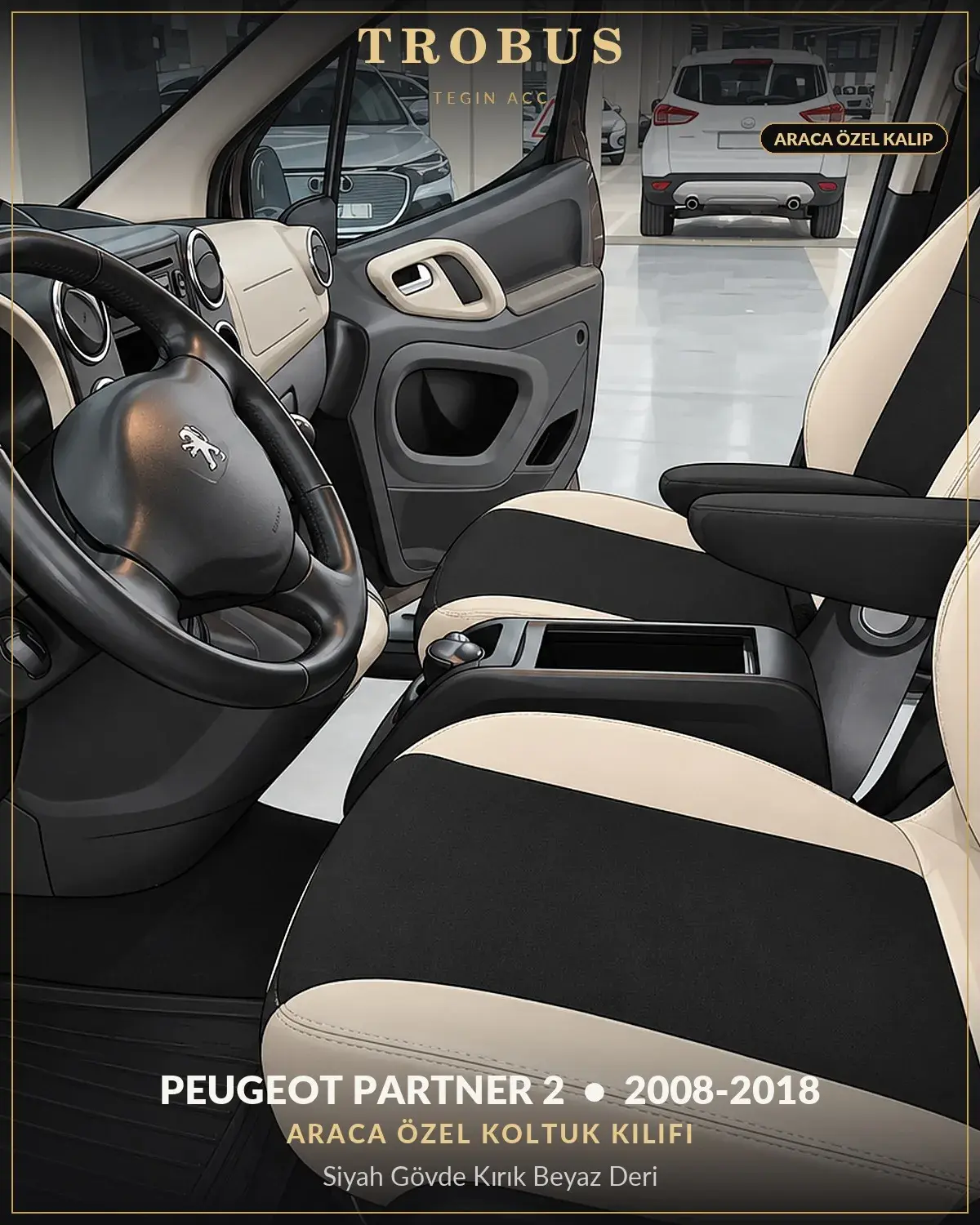 Peugeot Partner 2 2008-2018 Araca Özel Koltuk Kılıfı Siyah Gövde Kırık Beyaz Deri (1)