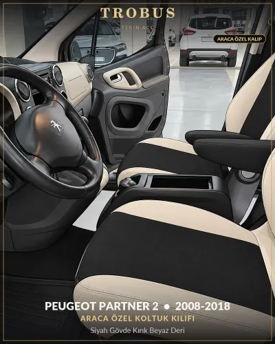 Peugeot Partner 2 2008-2018 Araca Özel Koltuk Kılıfı Siyah Gövde Kırık Beyaz Deri