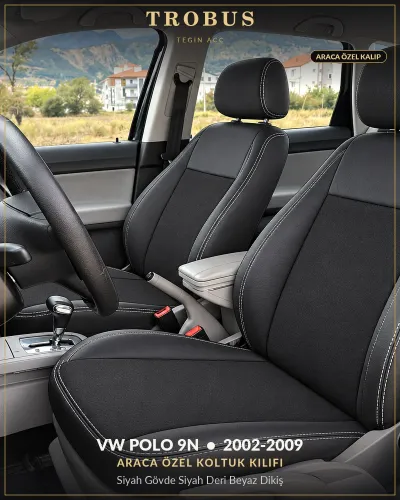 Volkswagen Polo 9N 2002-2009 Araca Özel Koltuk Kılıfı Siyah Gövde Siyah Deri Beyaz Dikiş