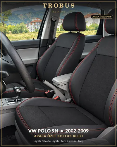 Volkswagen Polo 9N 2002-2009 Araca Özel Koltuk Kılıfı Siyah Gövde Siyah Deri Kırmızı Dikiş