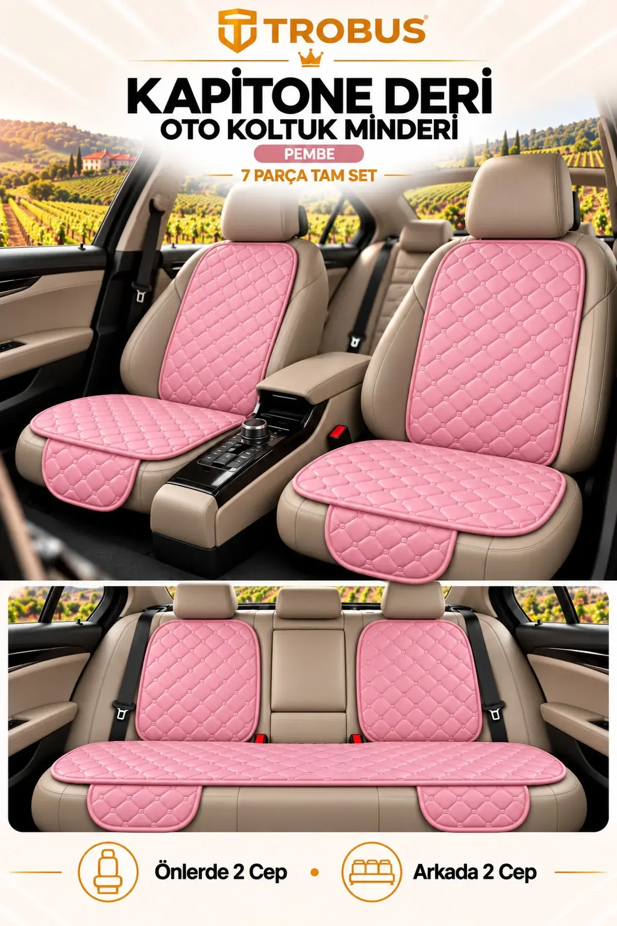Üniversal Kapitone Deri Oto Koltuk Minderi 7 Parça Pembe