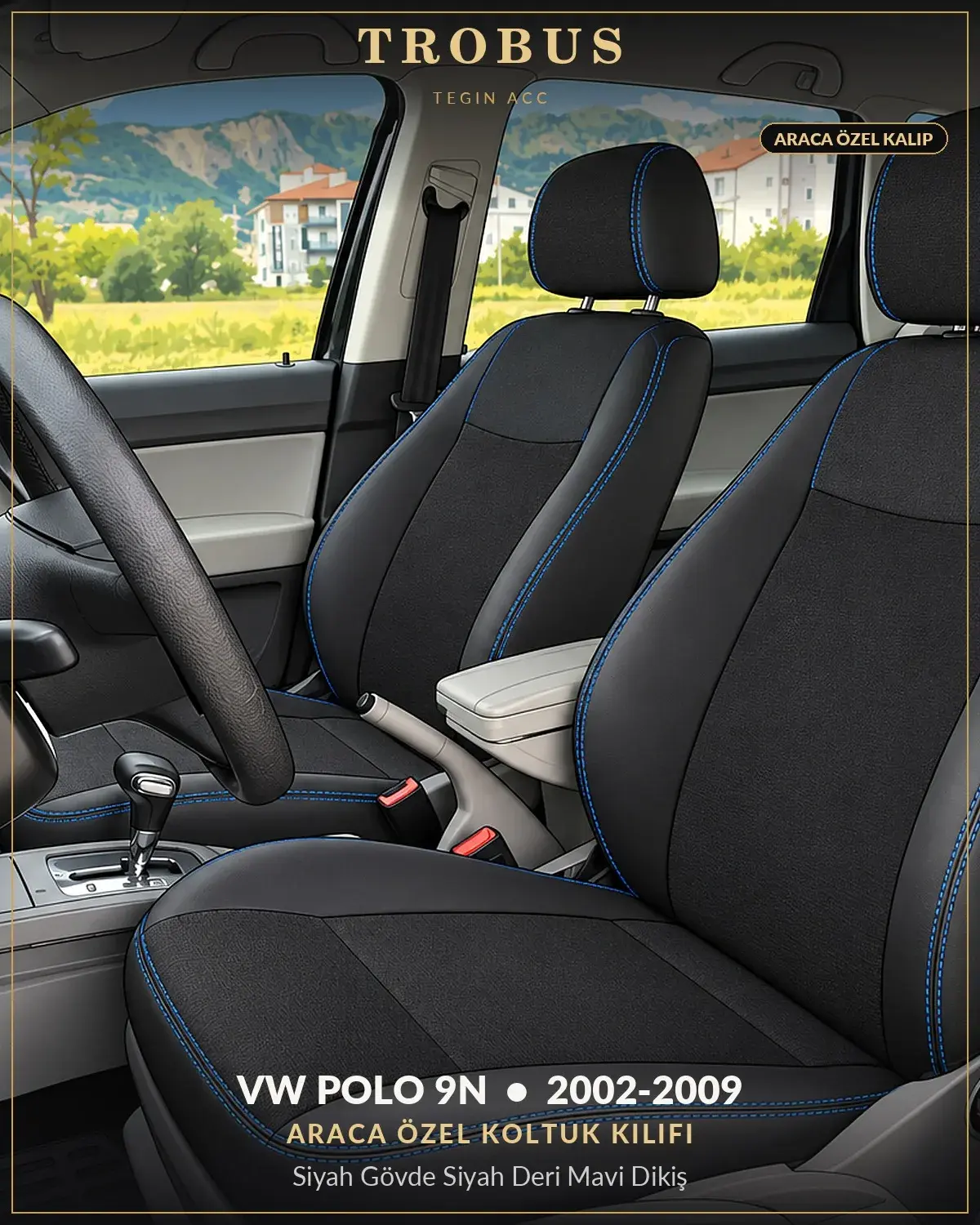 Volkswagen Polo 9N 2002-2009 Araca Özel Koltuk Kılıfı Siyah Gövde Siyah Deri Mavi Dikiş (1)