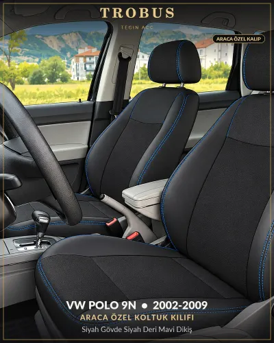 Volkswagen Polo 9N 2002-2009 Araca Özel Koltuk Kılıfı Siyah Gövde Siyah Deri Mavi Dikiş