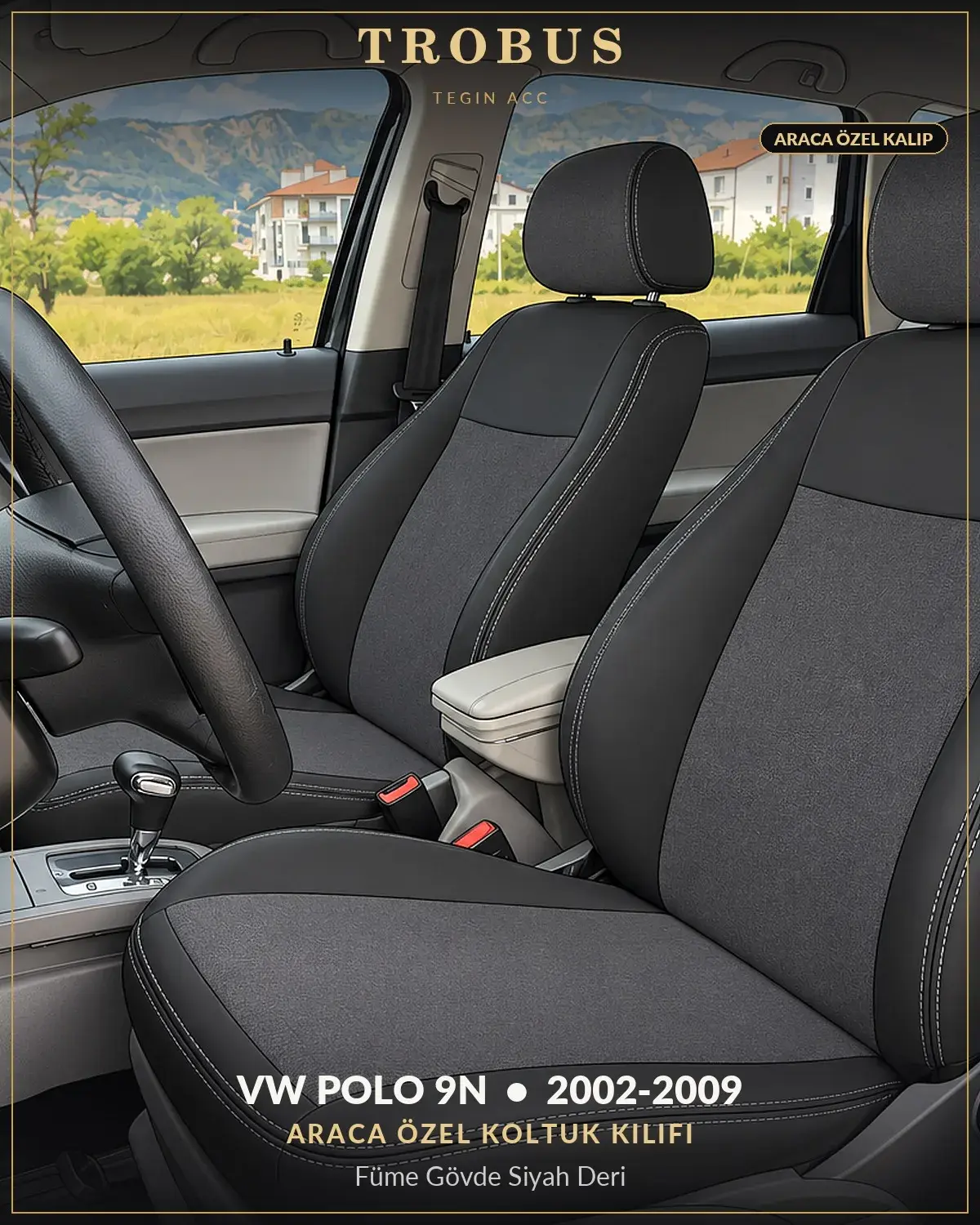 Volkswagen Polo 9N 2002-2009 Araca Özel Koltuk Kılıfı Füme Gövde Siyah Deri (1)