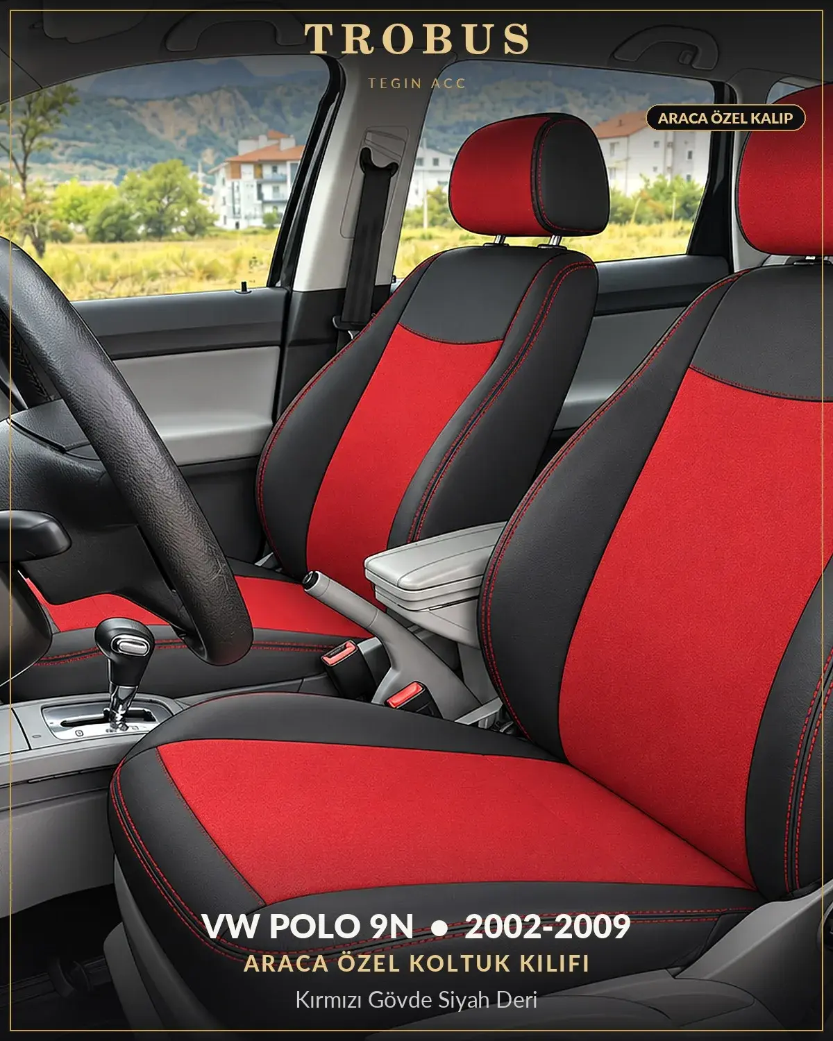 Volkswagen Polo 9N 2002-2009 Araca Özel Koltuk Kılıfı Kırmızı Gövde Siyah Deri (1)