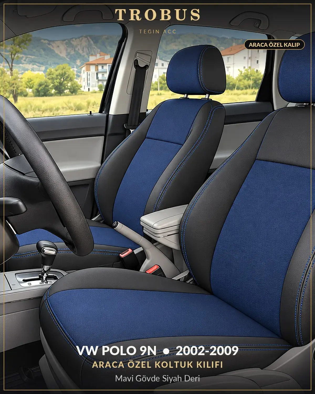 Volkswagen Polo 9N 2002-2009 Araca Özel Koltuk Kılıfı Mavi Gövde Siyah Deri (1)